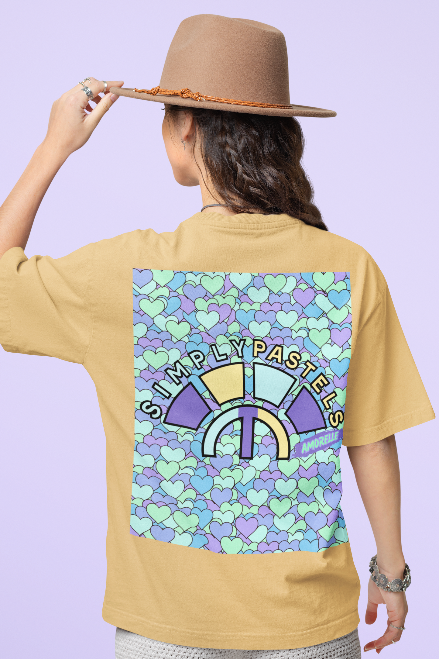 Back view of the nispero Amorelle organic cotton t-shirt with a pastel graphic design, from Simply Pastels, a UK-based premium ethical clothing brand.