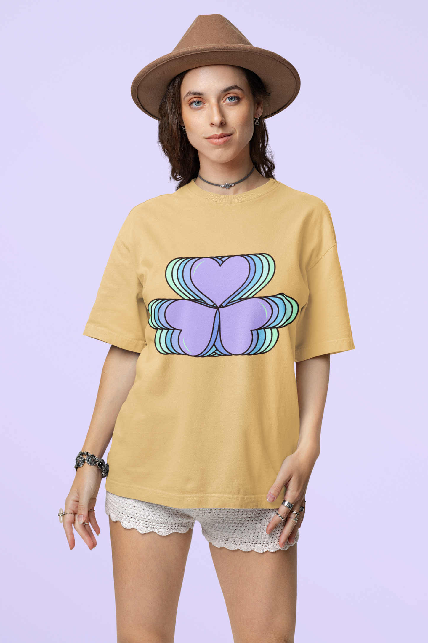Front view of the nispero Amorelle organic cotton t-shirt with a pastel graphic design, from Simply Pastels, a UK-based premium ethical clothing brand.