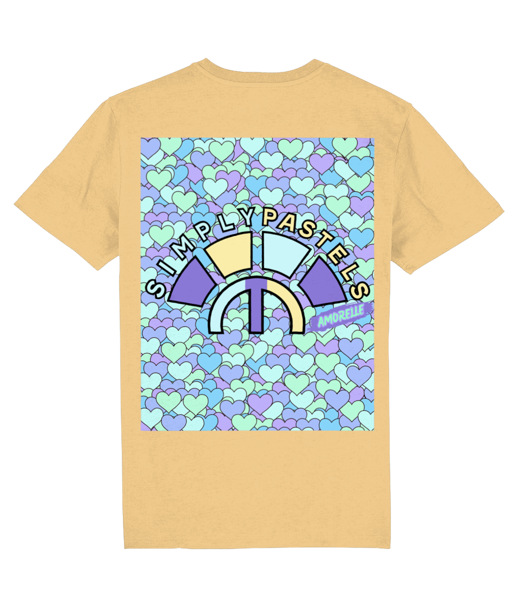 Back view of the nispero Amorelle organic cotton t-shirt with a pastel graphic design, laid flat, from Simply Pastels, a UK-based premium ethical clothing brand.