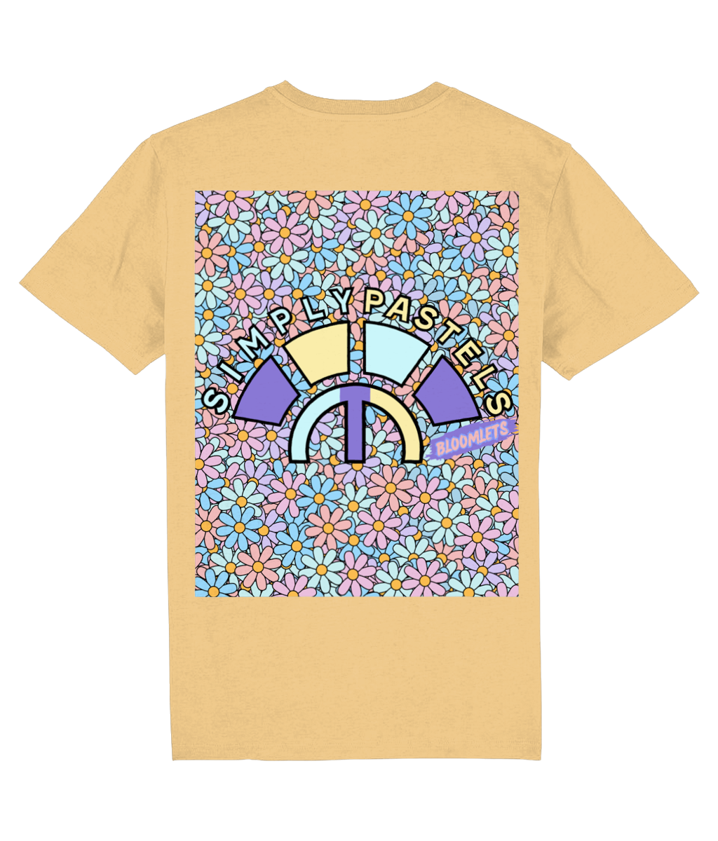 Back view of the nispero Bloomlets organic cotton t-shirt with a pastel graphic design, laid flat, from Simply Pastels, a UK-based premium ethical clothing brand.