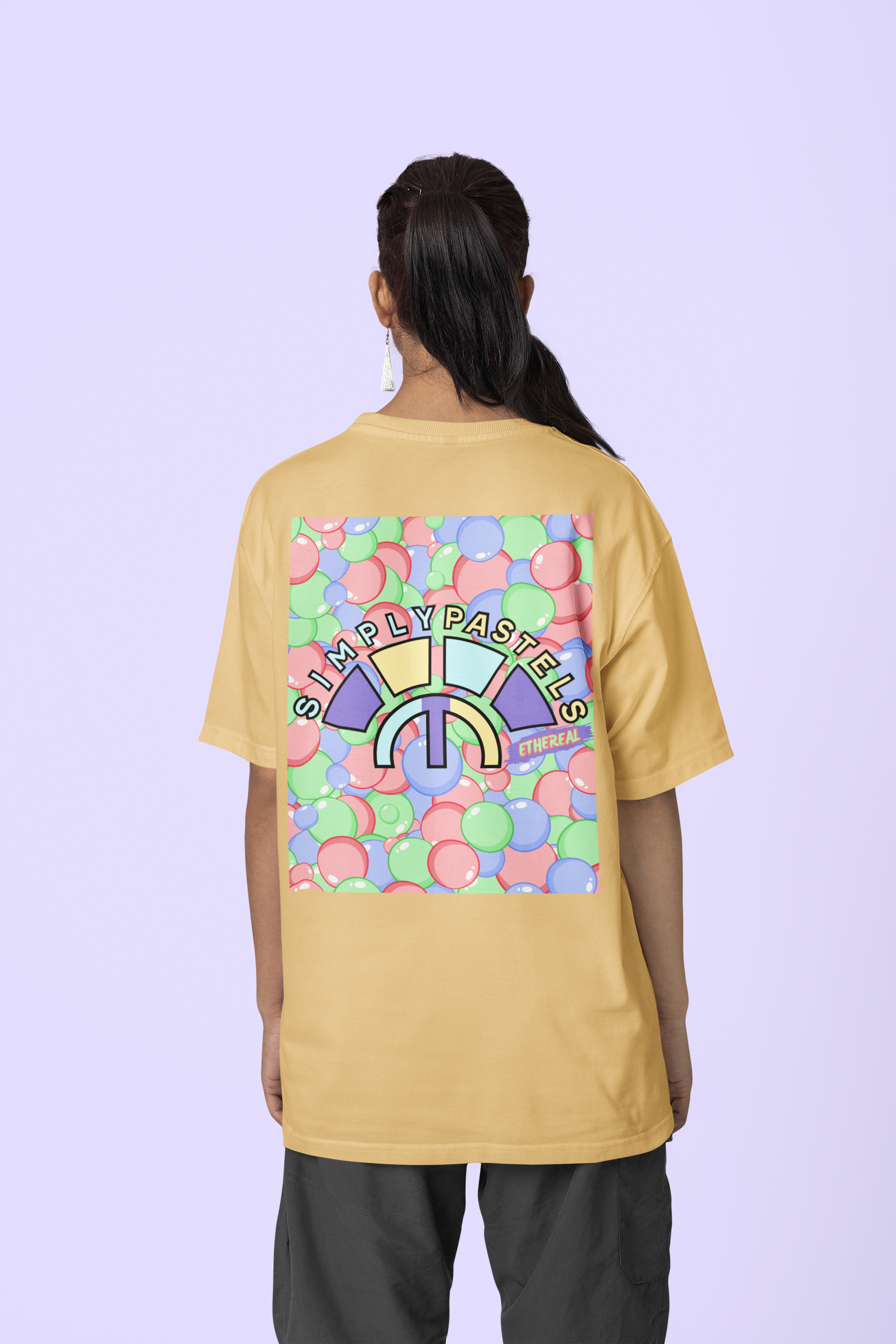 Back view of the nispero Ethereal organic cotton t-shirt with a pastel graphic design, from Simply Pastels, a UK-based premium ethical clothing brand.