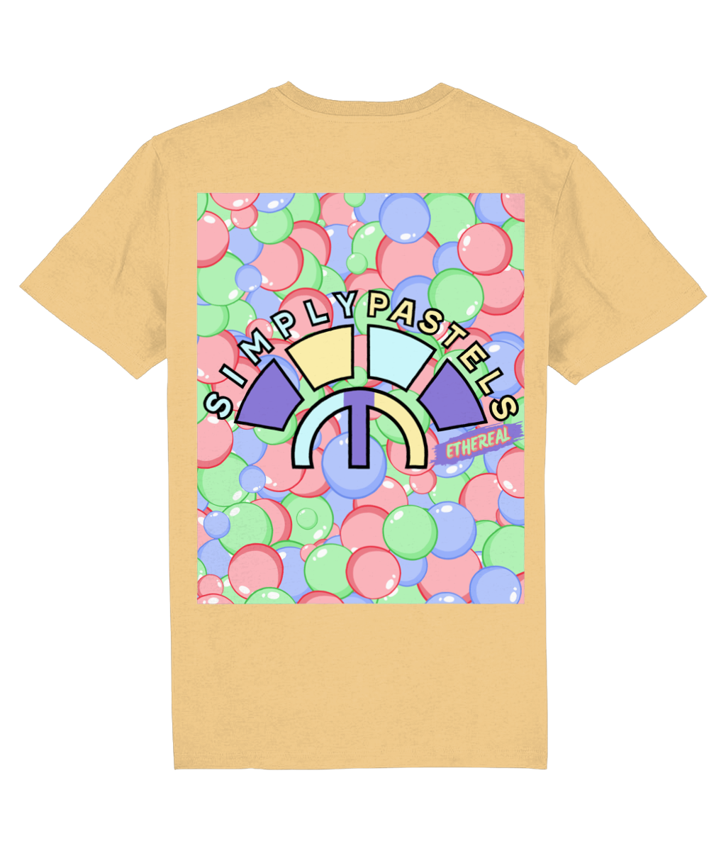 Back view of the nispero Ethereal cotton t-shirt with a pastel graphic design, laid flat, from Simply Pastels, a UK-based premium ethical clothing brand.