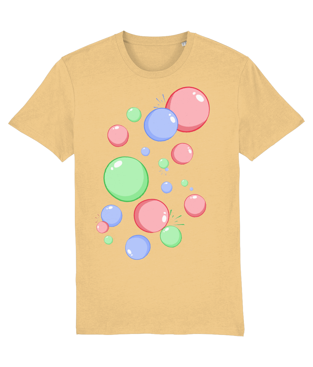 Front view of the nispero Ethereal cotton t-shirt with a pastel graphic design, laid flat, from Simply Pastels, a UK-based premium ethical clothing brand.