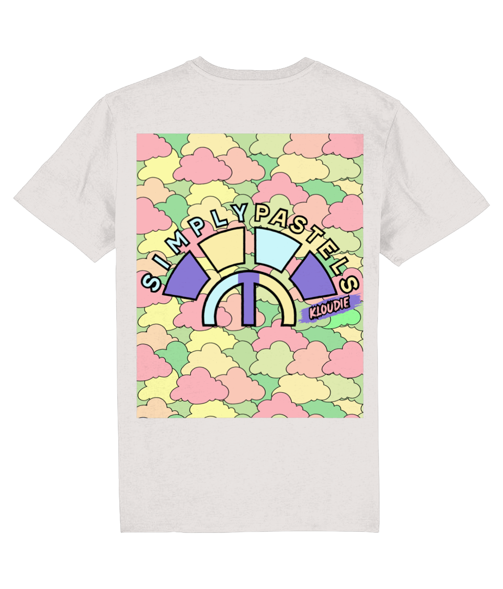 Back view of the off-white Kloudie cotton t-shirt with a pastel graphic design, laid flat, from Simply Pastels, a UK-based premium ethical clothing brand.