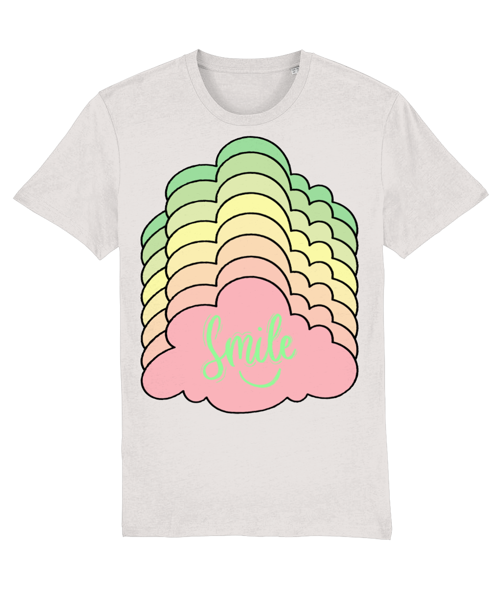 Front view of the off-white Kloudie cotton t-shirt with a pastel graphic design, laid flat, from Simply Pastels, a UK-based premium ethical clothing brand.