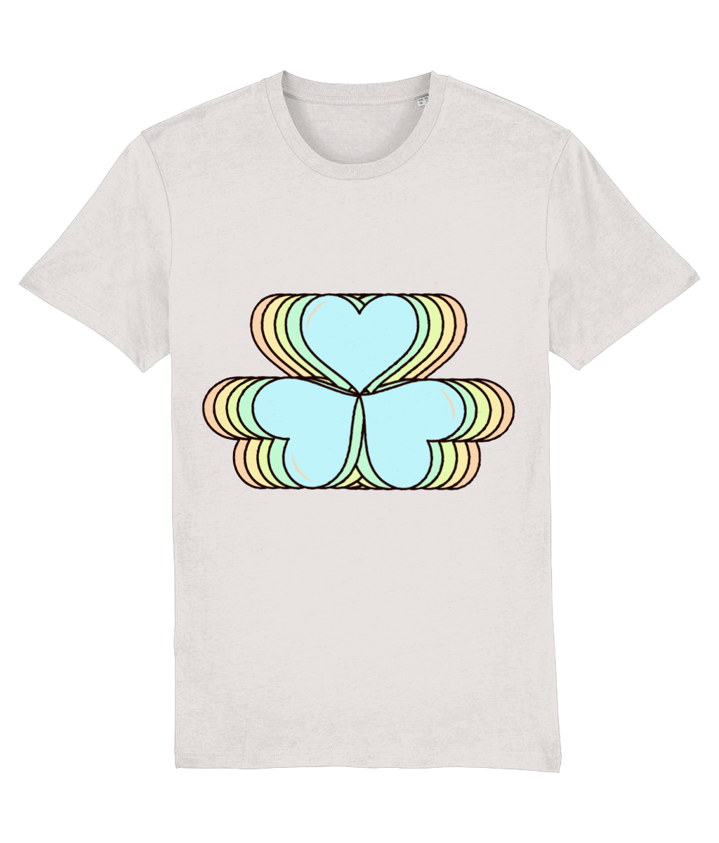 Front view of the off-white Amorelle cotton t-shirt with a pastel graphic design, laid flat, from Simply Pastels, a UK-based premium ethical clothing brand.
