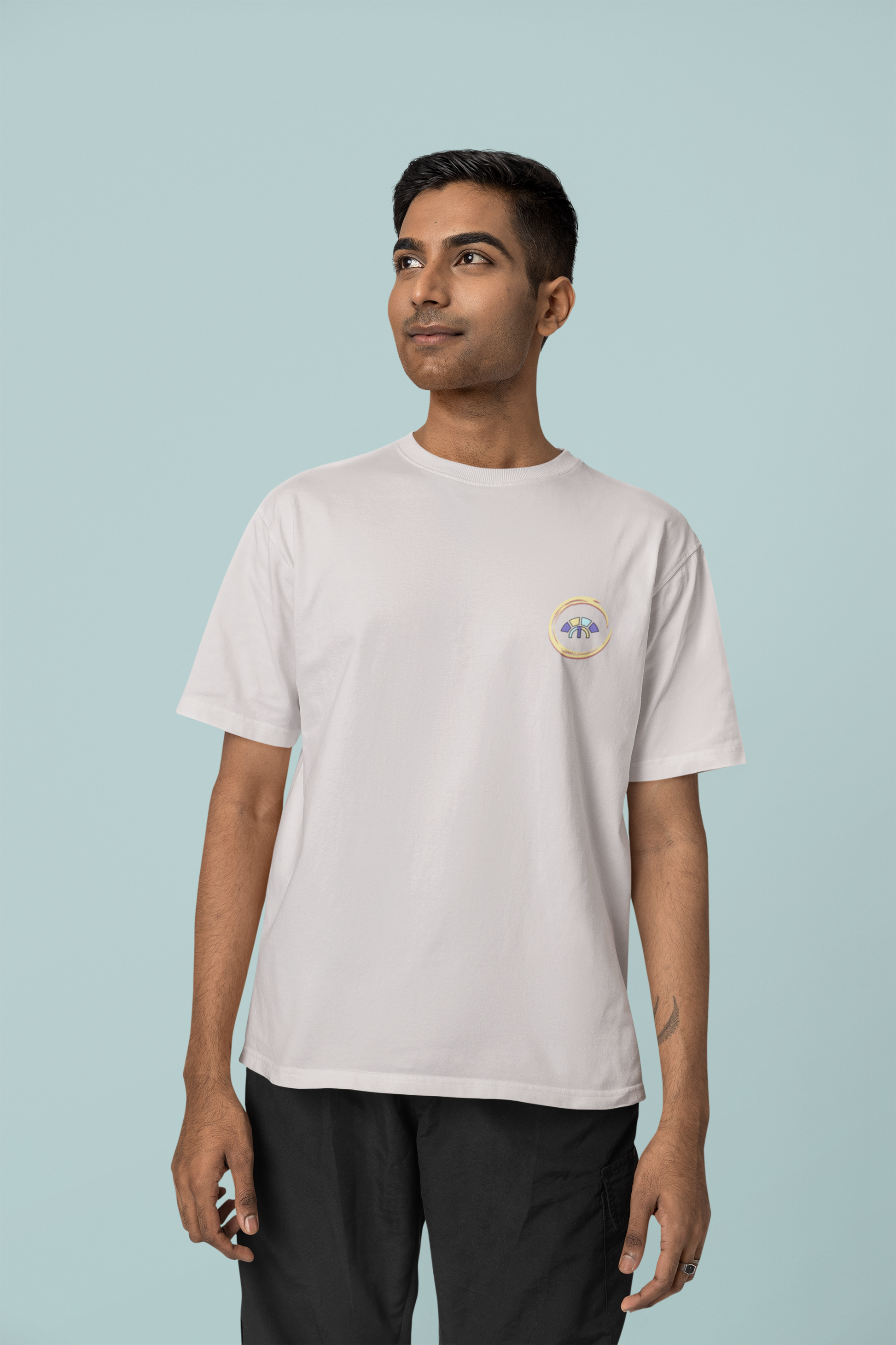 Front view of the off-white Avid Aspiration organic cotton t-shirt with a pastel graphic design, from Simply Pastels, a UK-based premium ethical clothing brand.