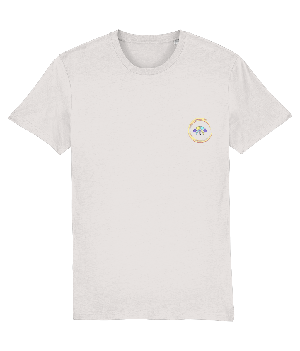 Front view of the off-white Avid Aspiration  cotton t-shirt with a pastel graphic design, laid flat, from Simply Pastels, a UK-based premium ethical clothing brand.