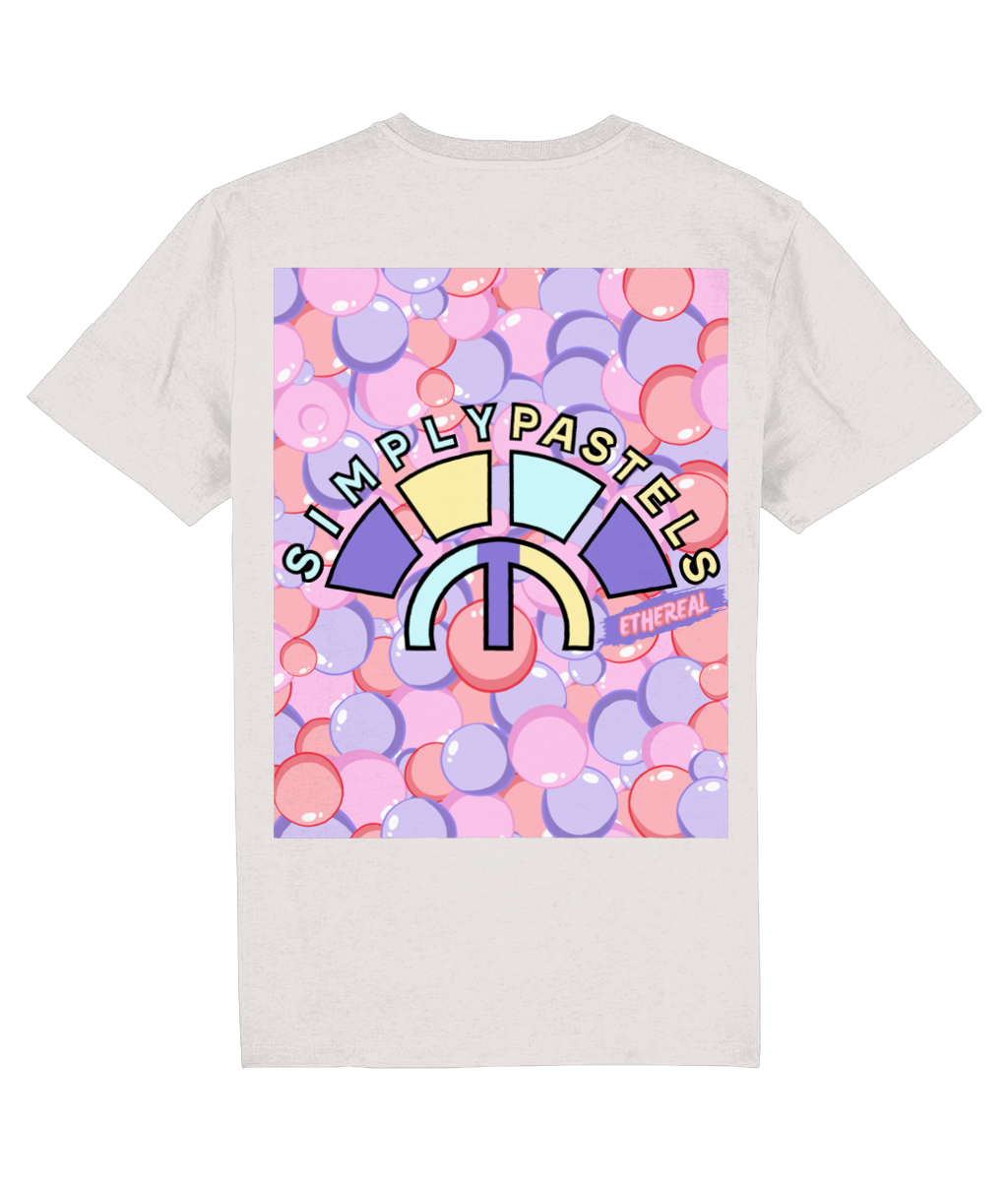 Back view of the off-white Ethereal cotton t-shirt with a pastel graphic design, laid flat, from Simply Pastels, a UK-based premium ethical clothing brand.