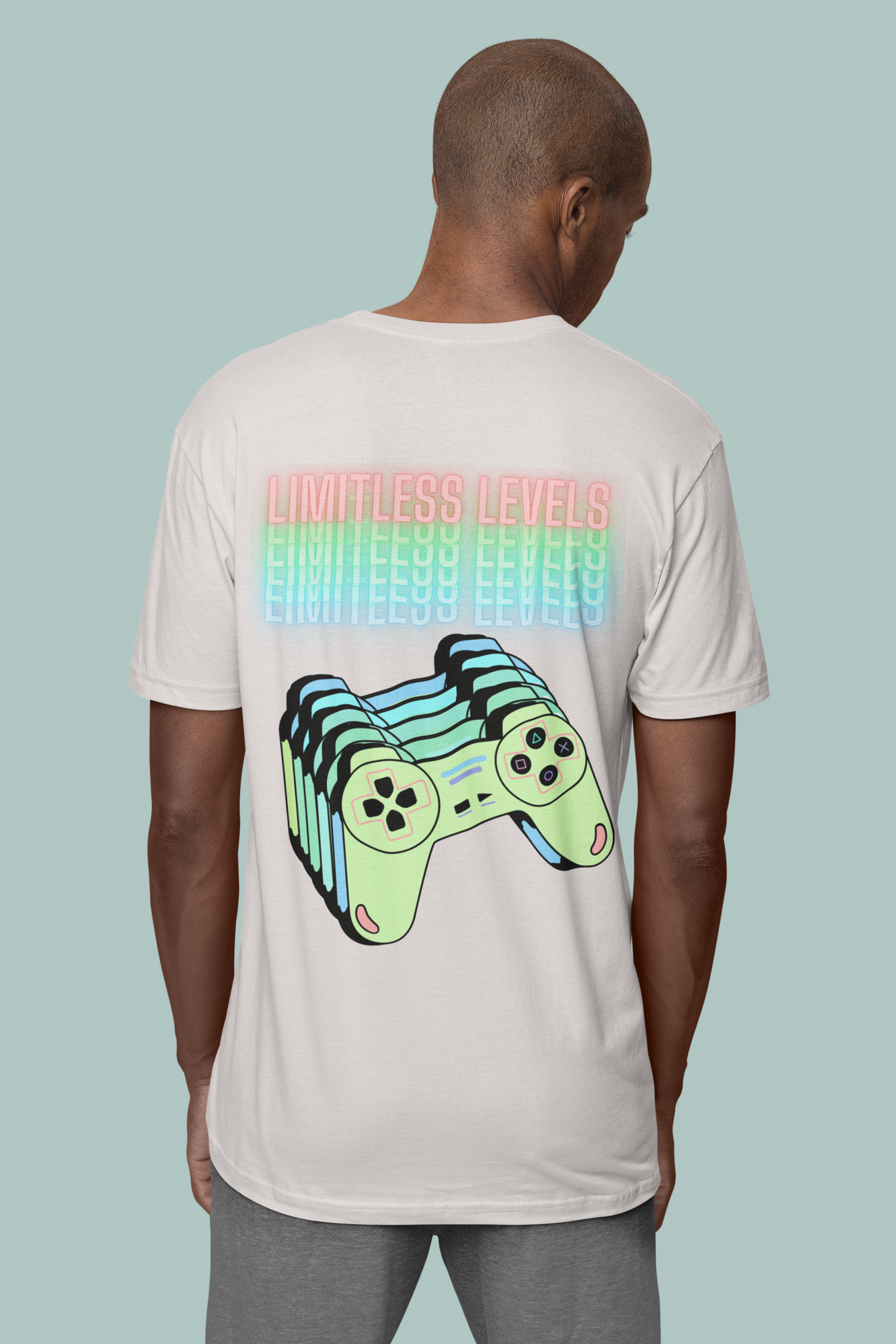 Back view of the off-white Limitless Levels organic cotton t-shirt with a pastel graphic design, from Simply Pastels, a UK-based premium ethical clothing brand.