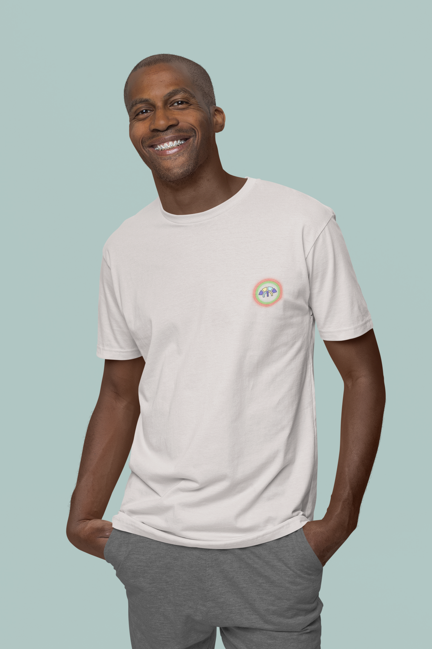 Front view of the off-white Limitless Levels organic cotton t-shirt with a pastel graphic design, from Simply Pastels, a UK-based premium ethical clothing brand.