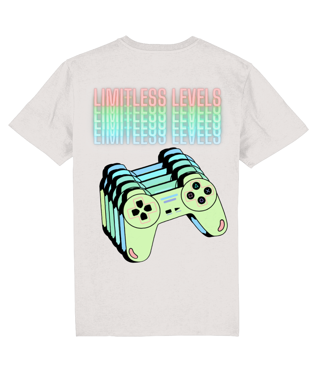 Back view of the off-white Limitless Levels cotton t-shirt with a pastel graphic design, laid flat, from Simply Pastels, a UK-based premium ethical clothing brand.
