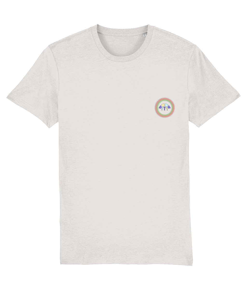 Front view of the off-white Limitless Levels cotton t-shirt with a pastel graphic design, laid flat, from Simply Pastels, a UK-based premium ethical clothing brand.