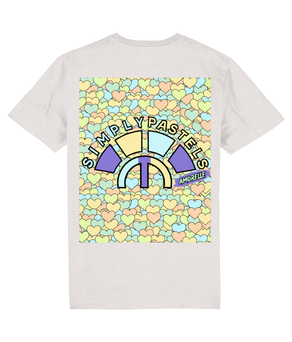 Back view of the off-white Amorelle organic cotton t-shirt with a pastel graphic design, laid flat, from Simply Pastels, a UK-based premium ethical clothing brand.