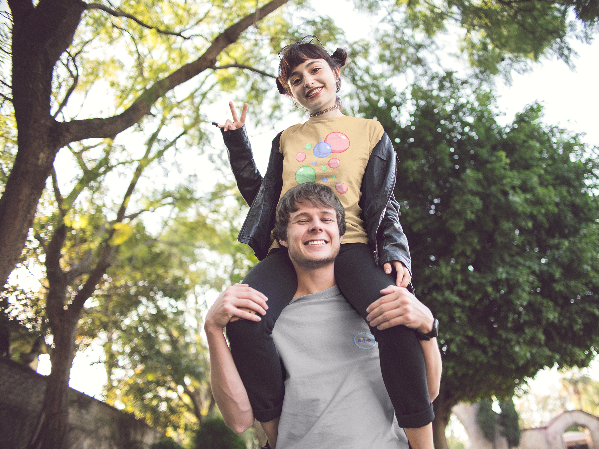 Front view of Simply Pastels Season 1:BoC Nispero Ethereal and Heather Grey Eternal Essence pastel graphic T-Shirt, featuring young friends playing in the park.