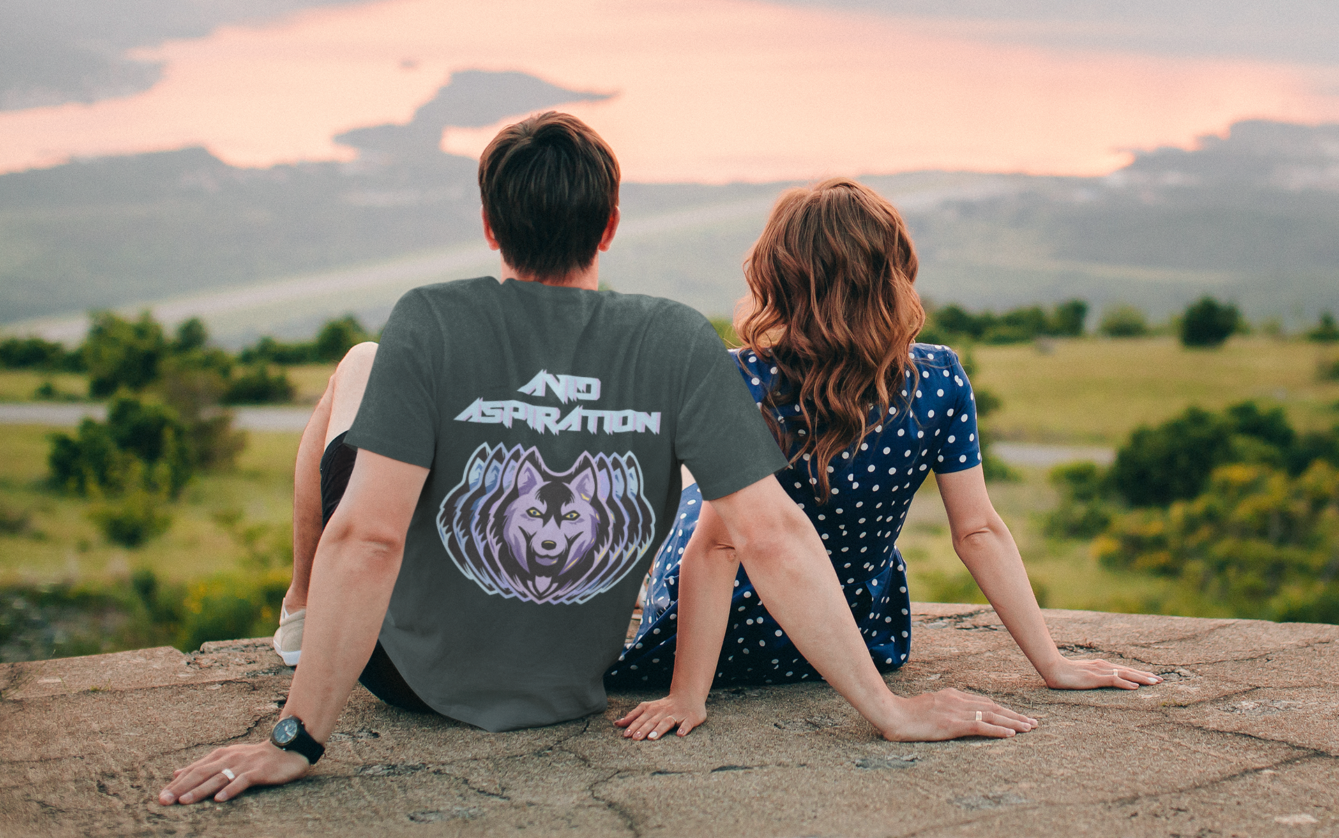 Back view of Simply Pastels Season 1:BoC Black Avid Aspiration pastel graphic design t-shirt, featuring a couple enjoying the nature.