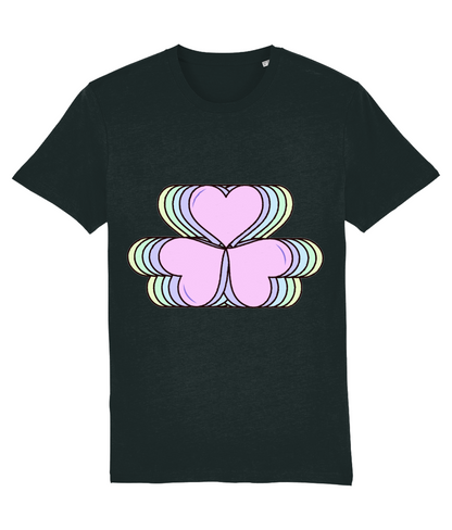 Front view of the black Amorelle cotton t-shirt with a pastel graphic design, laid flat, from Simply Pastels, a UK-based premium ethical clothing brand.