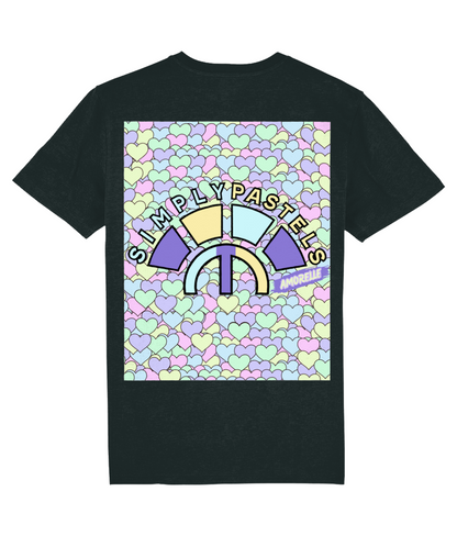 Back view of the black Amorelle organic cotton t-shirt with a pastel graphic design, laid flat, from Simply Pastels, a UK-based premium ethical clothing brand.