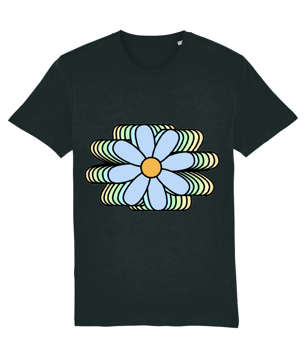Front view of the black Bloomlets cotton t-shirt with a pastel graphic design, laid flat, from Simply Pastels, a UK-based premium ethical clothing brand.
