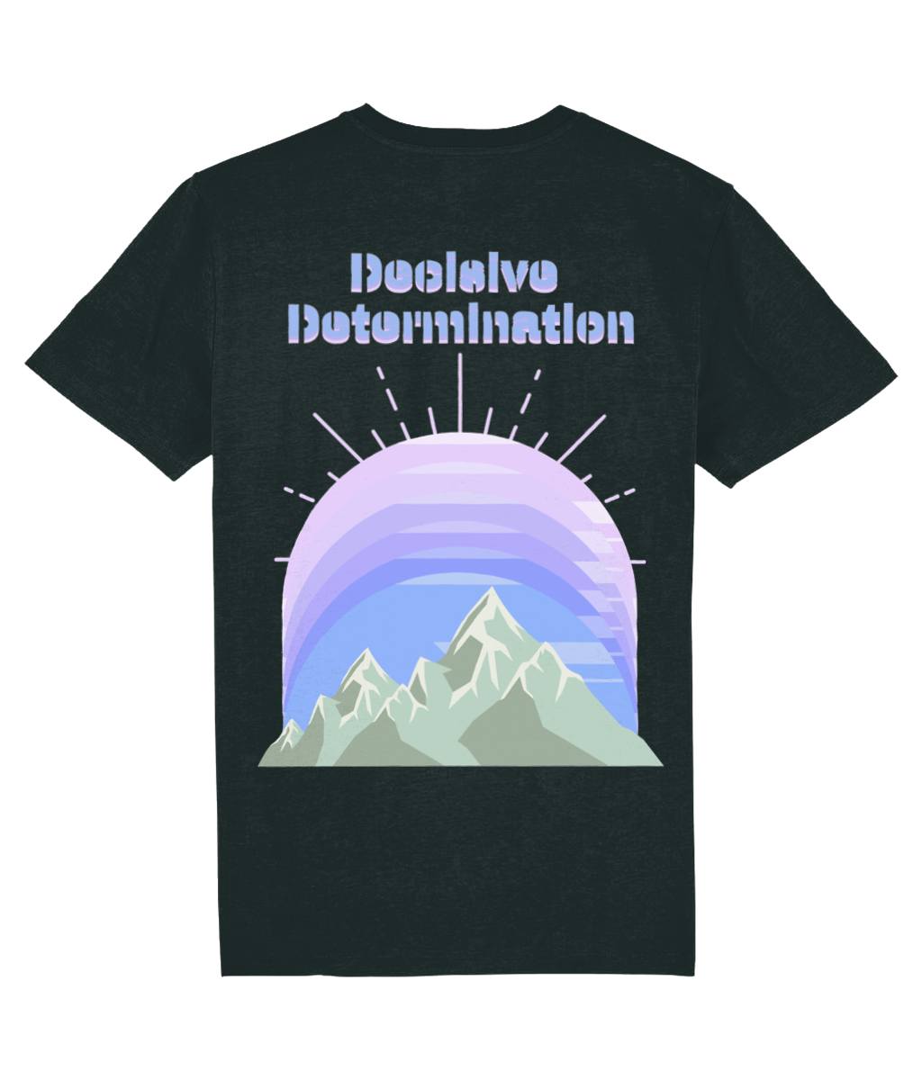 Back view of the black Decisive Determination cotton t-shirt with a pastel graphic design, laid flast, from Simply Pastels, a UK-based premium ethical clothing brand.