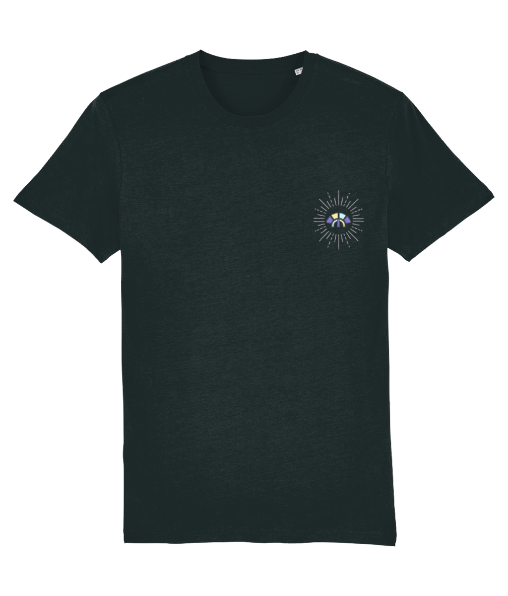 Front view of the black Decisive Determination cotton t-shirt with a pastel graphic design, laid flat, from Simply Pastels, a UK-based premium ethical clothing brand.