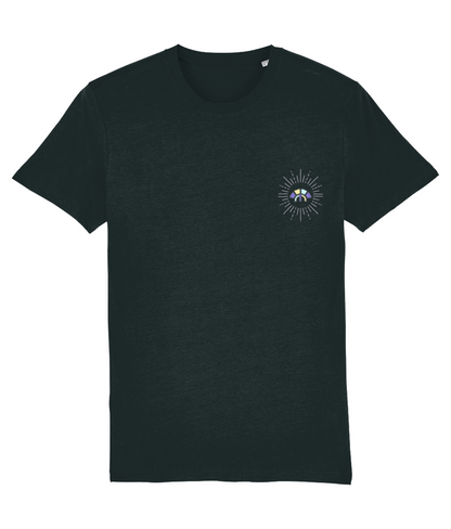 Front view of the black Decisive Determination cotton t-shirt with a pastel graphic design, laid flat, from Simply Pastels, a UK-based premium ethical clothing brand.
