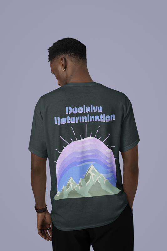 Back view of the black Decisive Determination cotton t-shirt with a pastel graphic design from Simply Pastels, a UK-based premium ethical clothing brand.