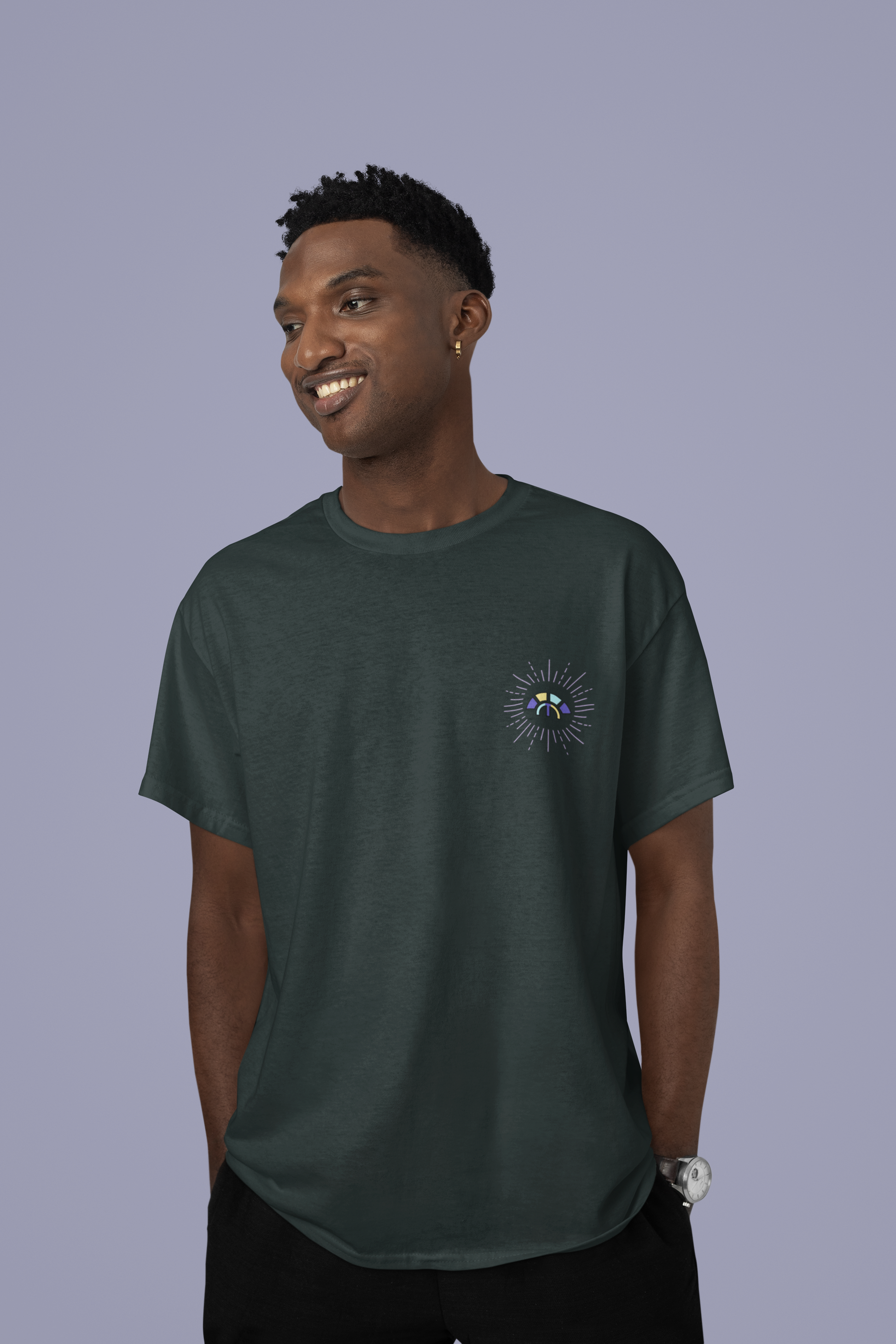 Front view of the black Decisive Determination cotton t-shirt with a pastel graphic design from Simply Pastels, a UK-based premium ethical clothing brand.

