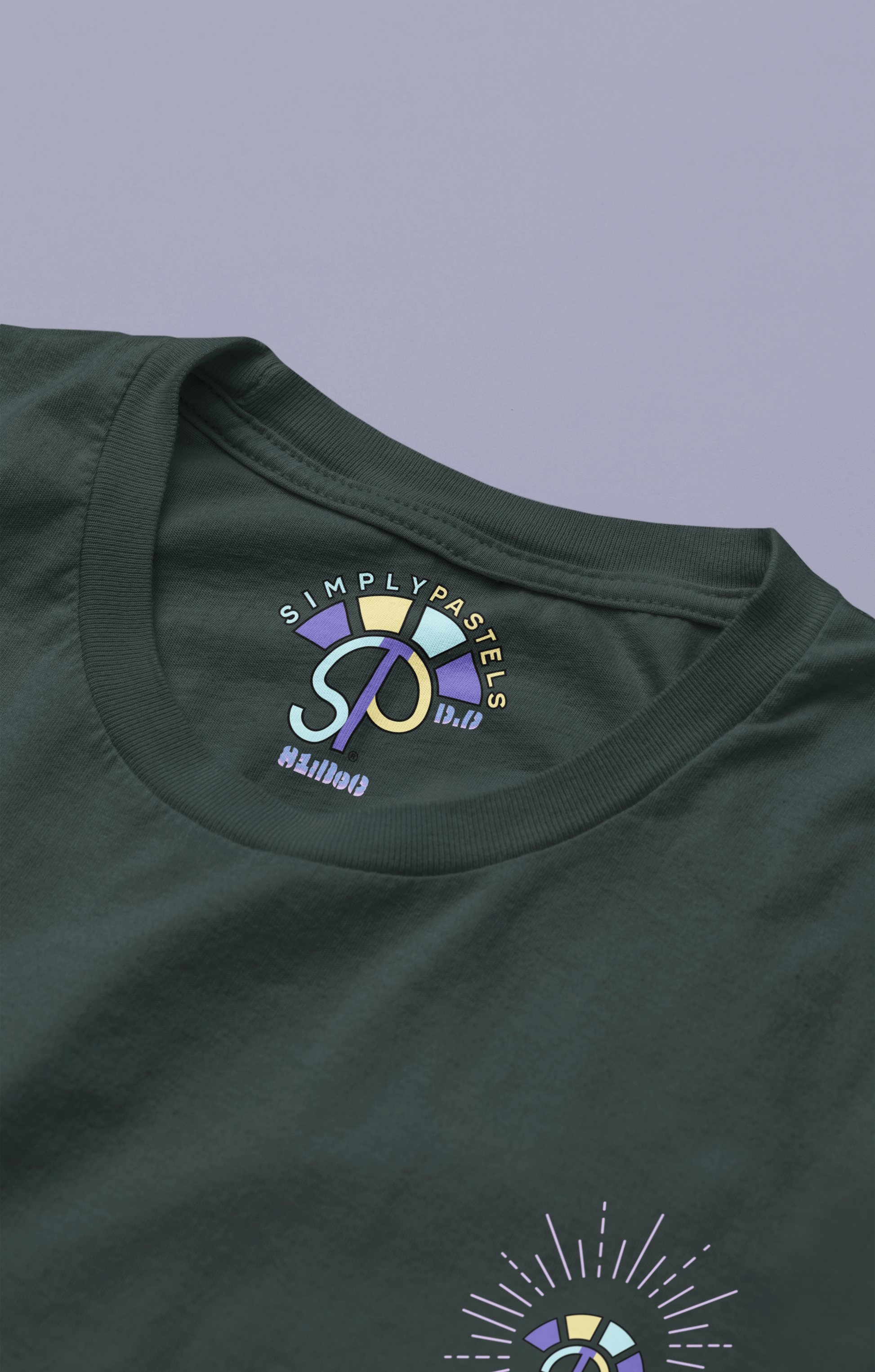 Label view of the black Decisive Determination cotton t-shirt with a pastel graphic design from Simply Pastels, a UK-based premium ethical clothing brand.