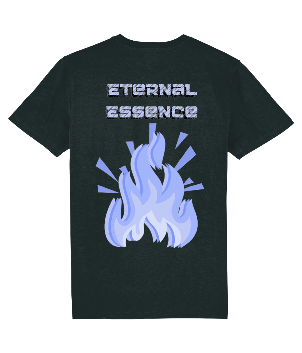 Back view of the black Eternal Essence cotton t-shirt with a pastel graphic design, laid flat, from Simply Pastels, a UK-based premium ethical clothing brand.