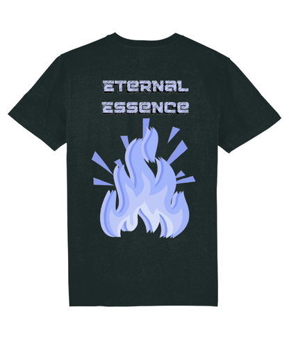 Back view of the black Eternal Essence cotton t-shirt with a pastel graphic design, laid flat, from Simply Pastels, a UK-based premium ethical clothing brand.