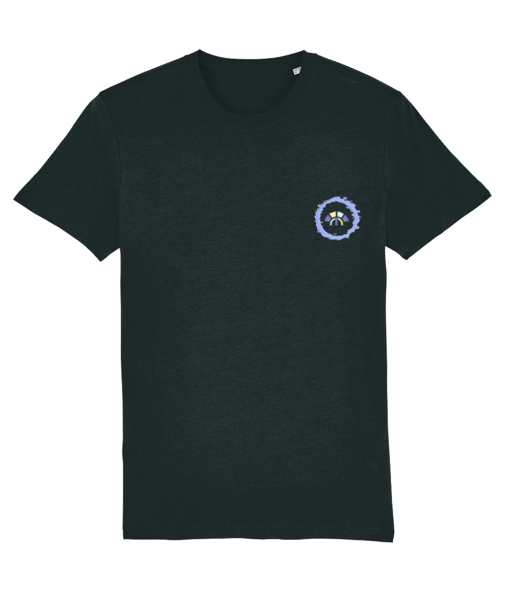 Front view of the black Eternal Essence cotton t-shirt with a pastel graphic design, laid flat, from Simply Pastels, a UK-based premium ethical clothing brand.