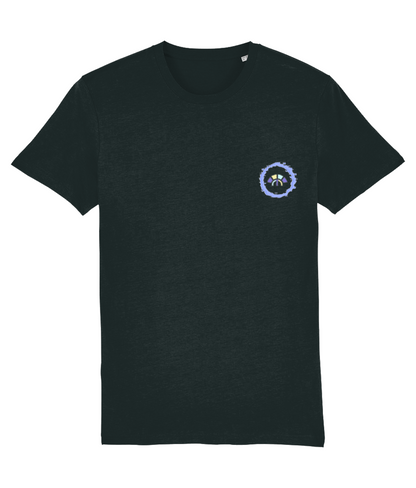 Front view of the black Eternal Essence cotton t-shirt with a pastel graphic design, laid flat, from Simply Pastels, a UK-based premium ethical clothing brand.