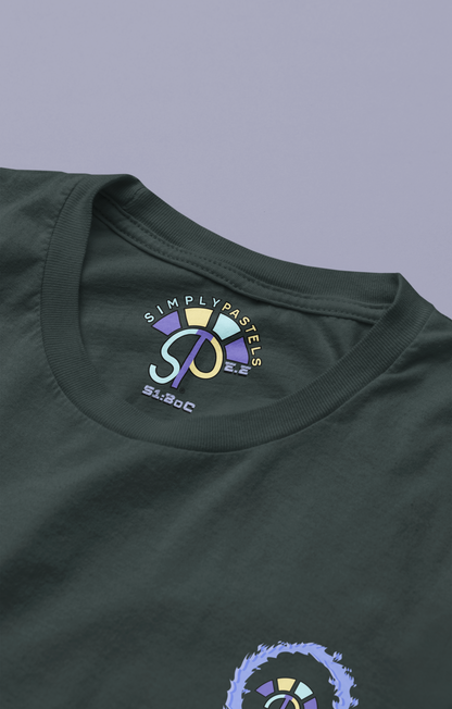 Label view of the black Eternal Essence cotton t-shirt with a pastel graphic design from Simply Pastels, a UK-based premium ethical clothing brand.