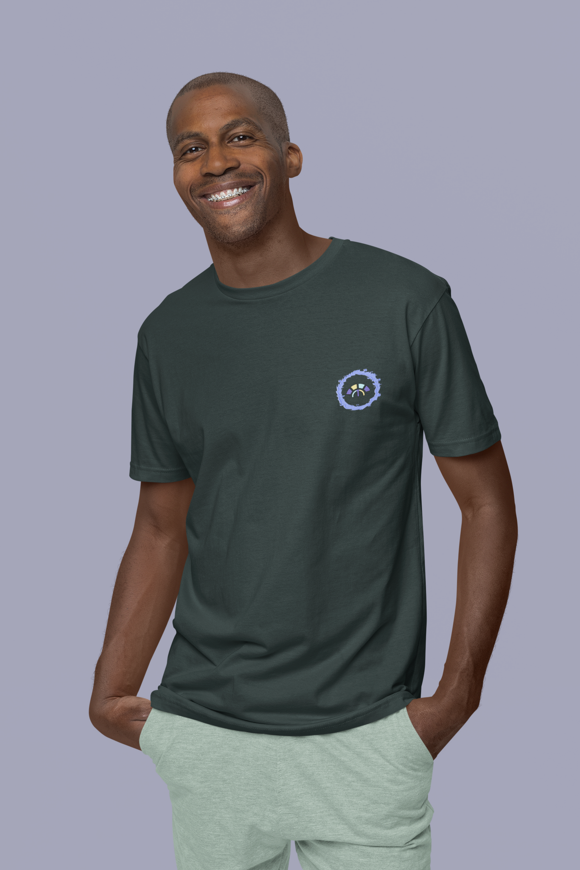 Front view of the black Eternal Essence cotton t-shirt with a pastel graphic design from Simply Pastels, a UK-based premium ethical clothing brand.

