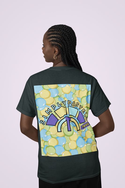 Back view of the black Ethereal t-shirt with a pastel graphic design from Simply Pastels, a UK-based premium ethical clothing brand.