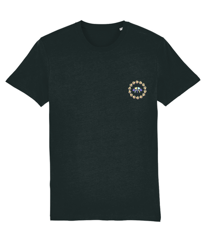 Front view of the black Firm Fortitude organic cotton t-shirt with a pastel graphic design, laid flat, from Simply Pastels, a UK-based premium ethical clothing brand.