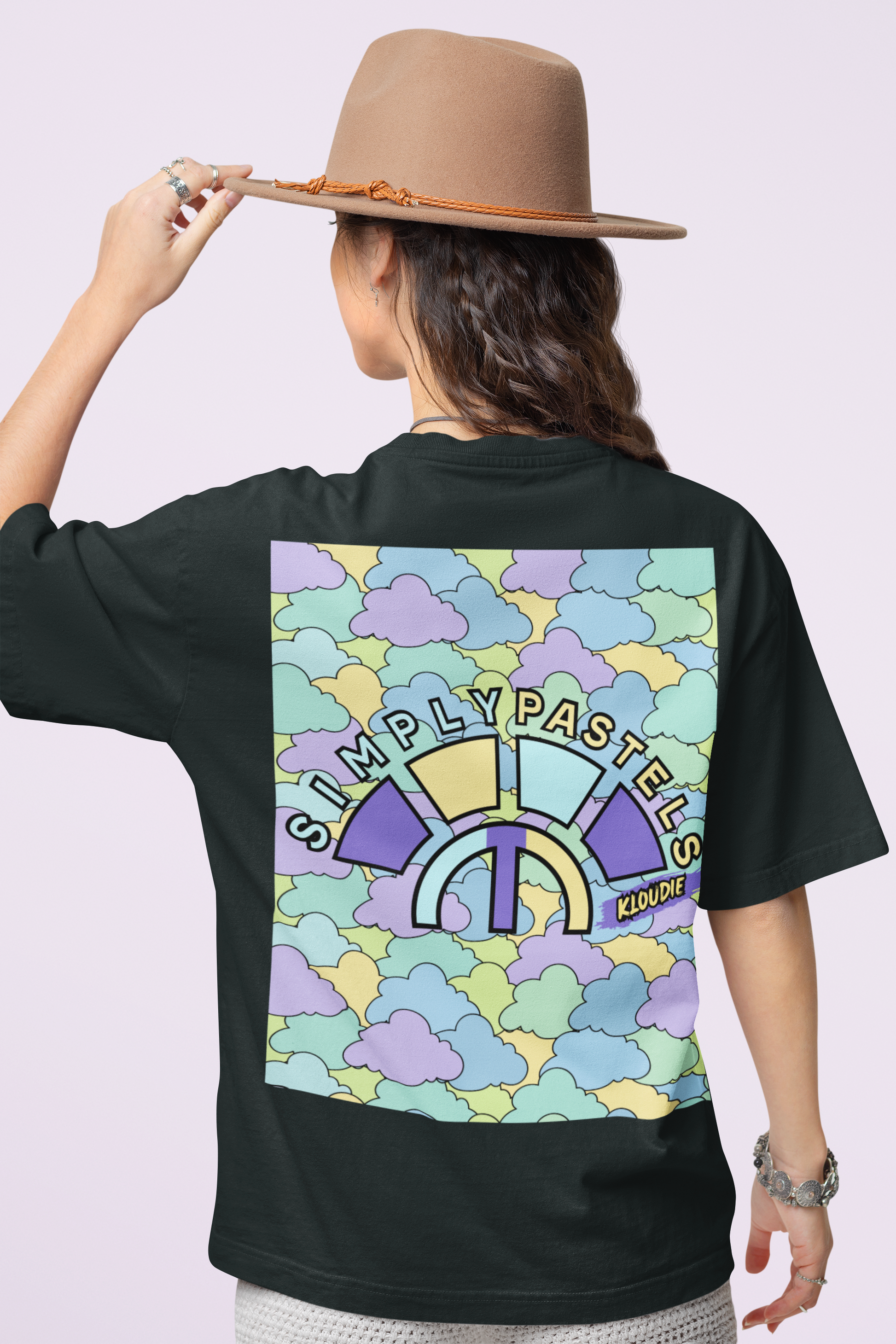 Back view of the black Kloudie organic cotton t-shirt with a pastel graphic design, from Simply Pastels, a UK-based premium ethical clothing brand.