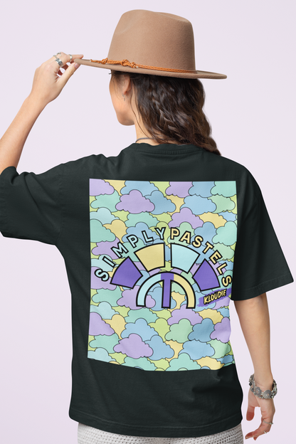 Back view of the black Kloudie organic cotton t-shirt with a pastel graphic design, from Simply Pastels, a UK-based premium ethical clothing brand.