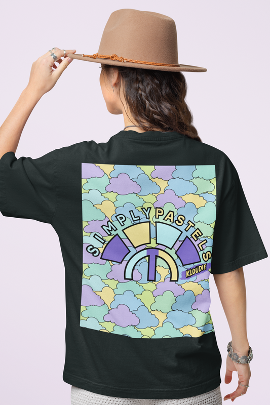 Back view of the black Kloudie organic cotton t-shirt with a pastel graphic design, from Simply Pastels, a UK-based premium ethical clothing brand.