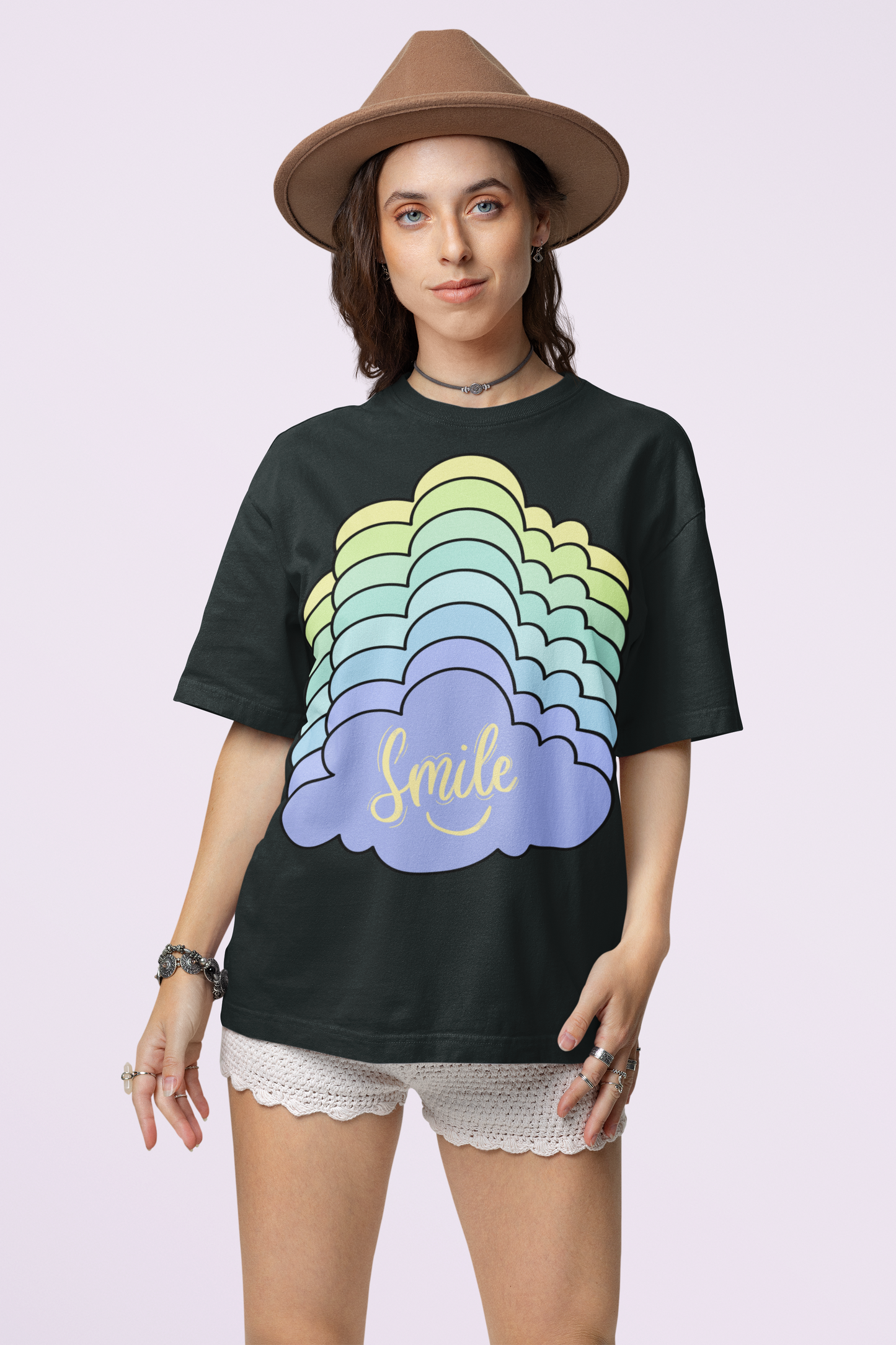 Front view of the black Kloudie organic cotton t-shirt with a pastel graphic design, from Simply Pastels, a UK-based premium ethical clothing brand.
