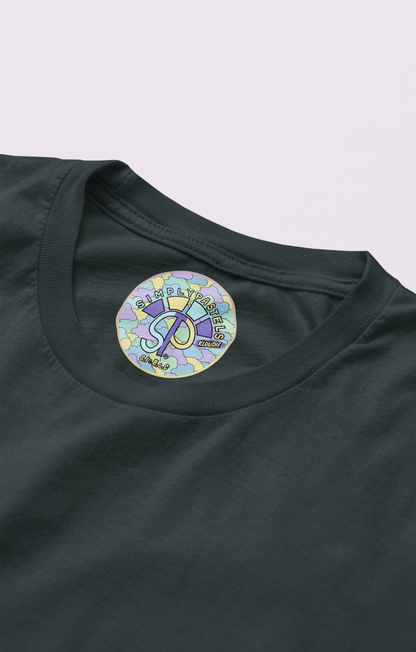 Label view of the black Kloudie organic cotton t-shirt with a pastel graphic design, from Simply Pastels, a UK-based premium ethical clothing brand.
