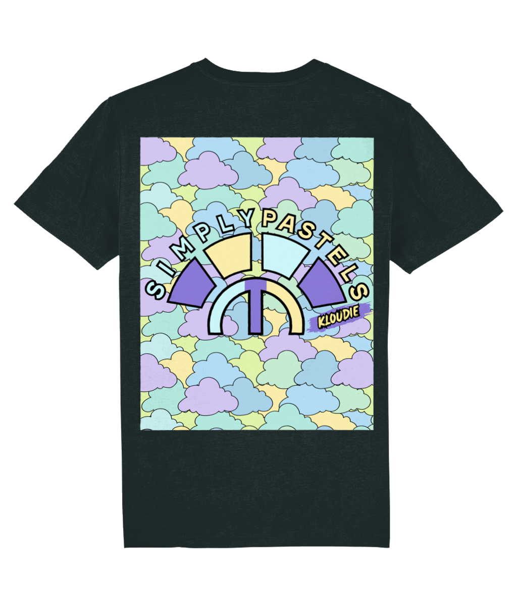 Back view of the black Kloudie organic cotton t-shirt with a pastel graphic design, laid flat, from Simply Pastels, a UK-based premium ethical clothing brand.