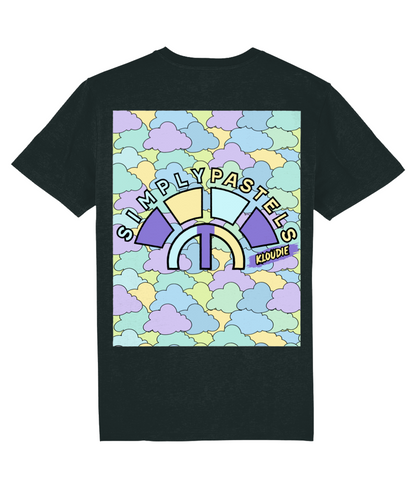Back view of the black Kloudie organic cotton t-shirt with a pastel graphic design, laid flat, from Simply Pastels, a UK-based premium ethical clothing brand.