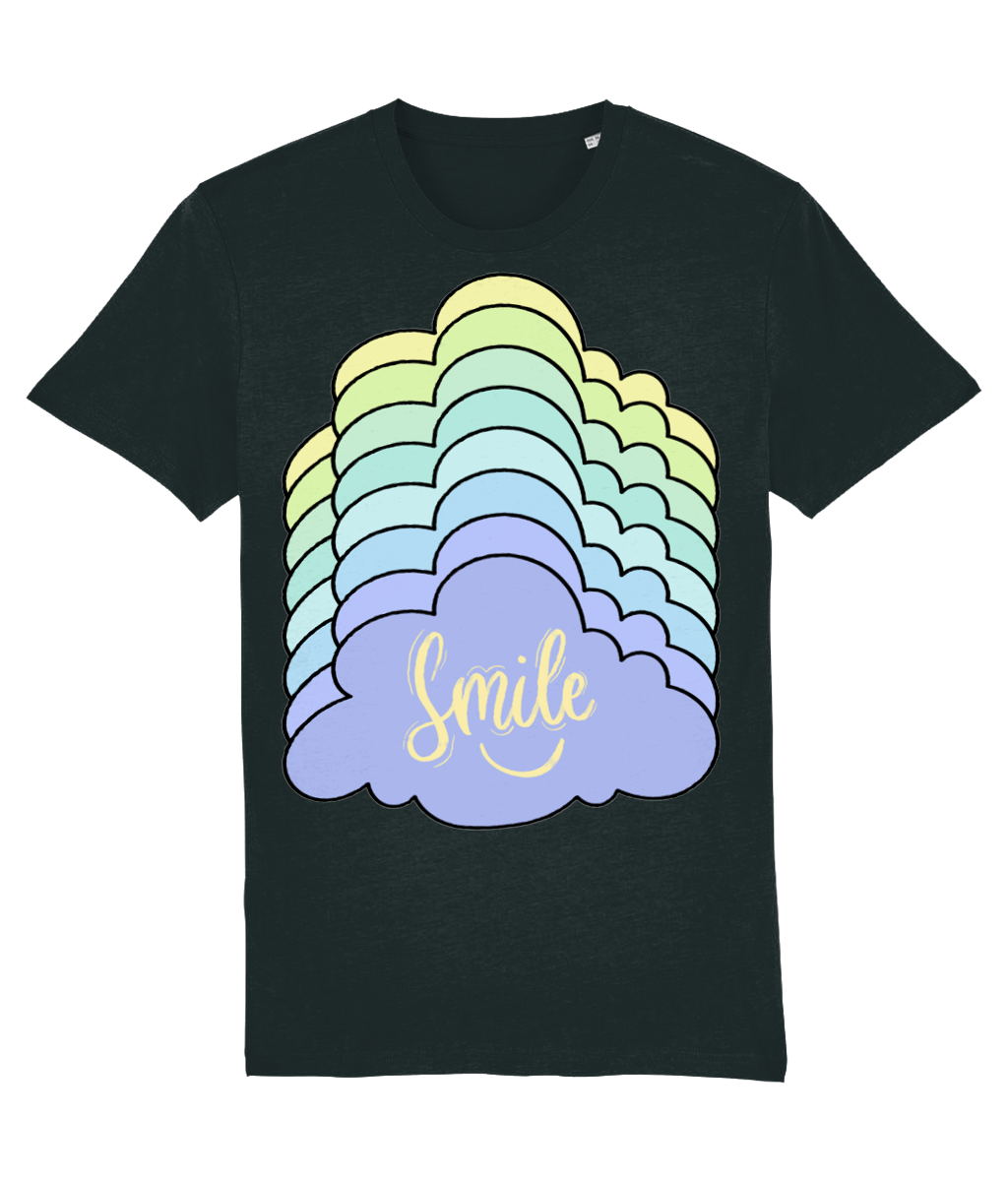Front view of the black Kloudie organic cotton t-shirt with a pastel graphic design, laid flat, from Simply Pastels, a UK-based premium ethical clothing brand.