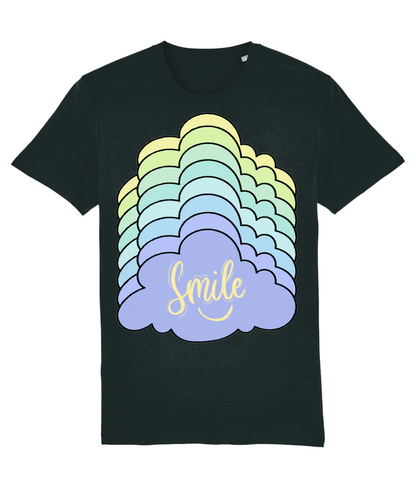 Front view of the black Kloudie organic cotton t-shirt with a pastel graphic design, laid flat, from Simply Pastels, a UK-based premium ethical clothing brand.
