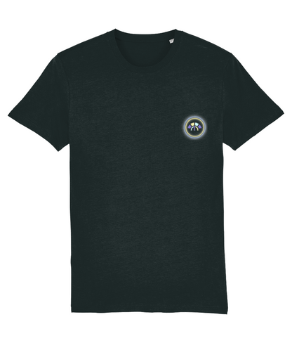 Front view of the black Limitless Levels cotton t-shirt with a pastel graphic design, laid flat, from Simply Pastels, a UK-based premium ethical clothing brand.