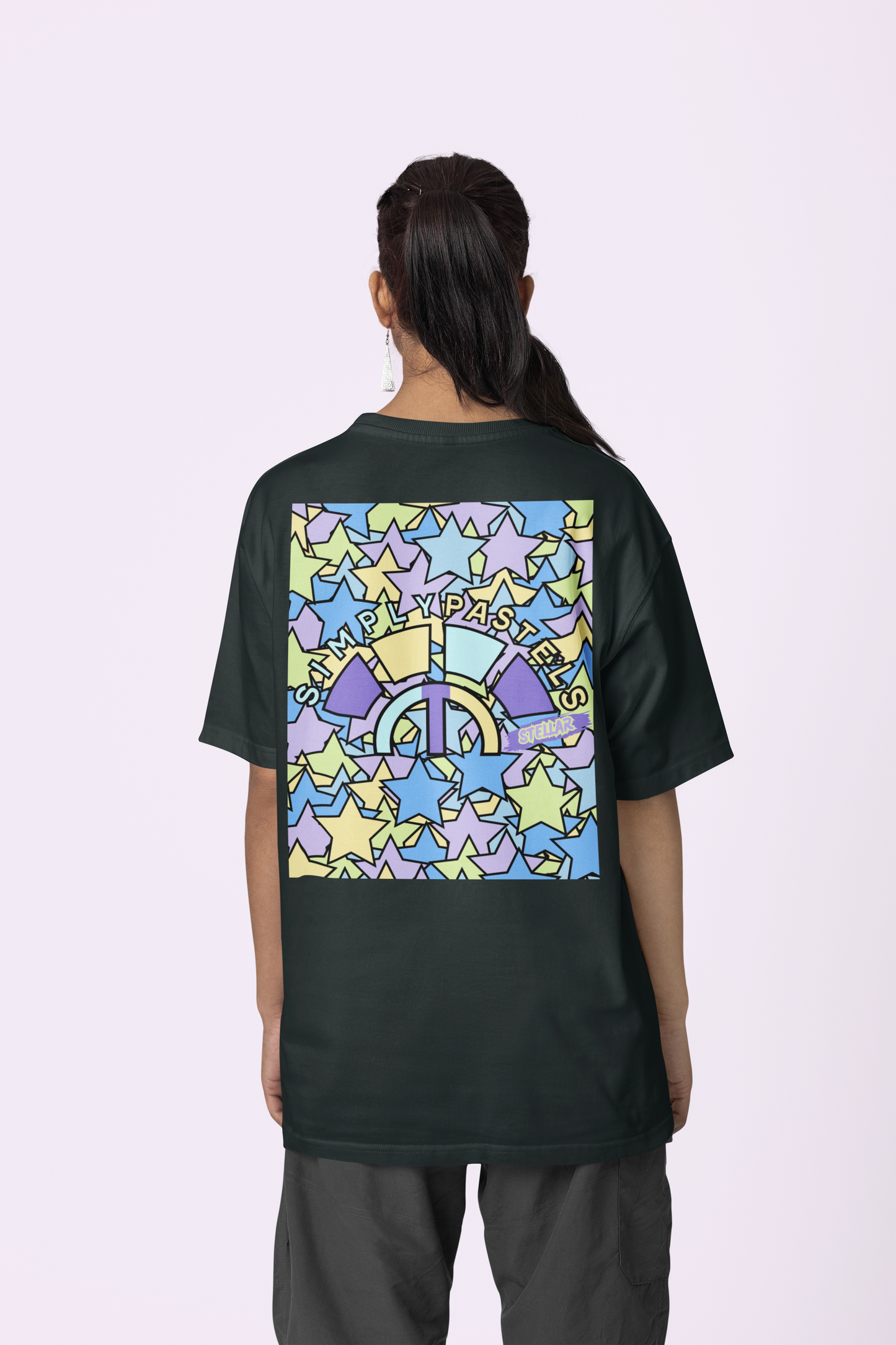 Back view of the black Limitless Levels cotton t-shirt with a pastel graphic design from Simply Pastels, a UK-based premium ethical clothing brand.