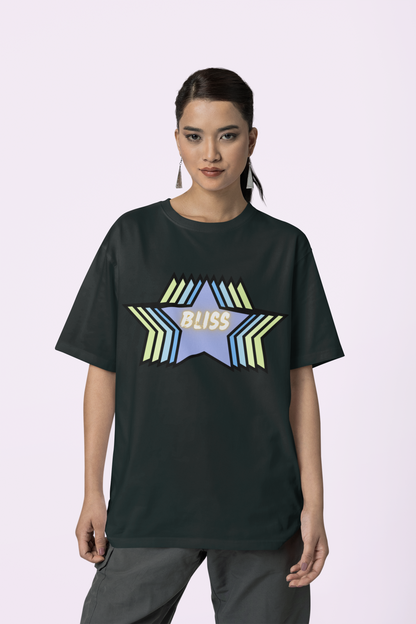 Front view of the black Limitless Levels cotton t-shirt with a pastel graphic design, laid flat, from Simply Pastels, a UK-based premium ethical clothing brand.