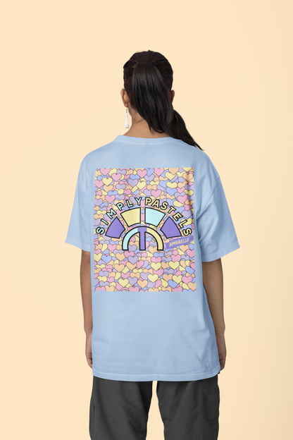 Back view of the blue Amorelle organic cotton t-shirt with a pastel graphic design, from Simply Pastels, a UK-based premium ethical clothing brand.